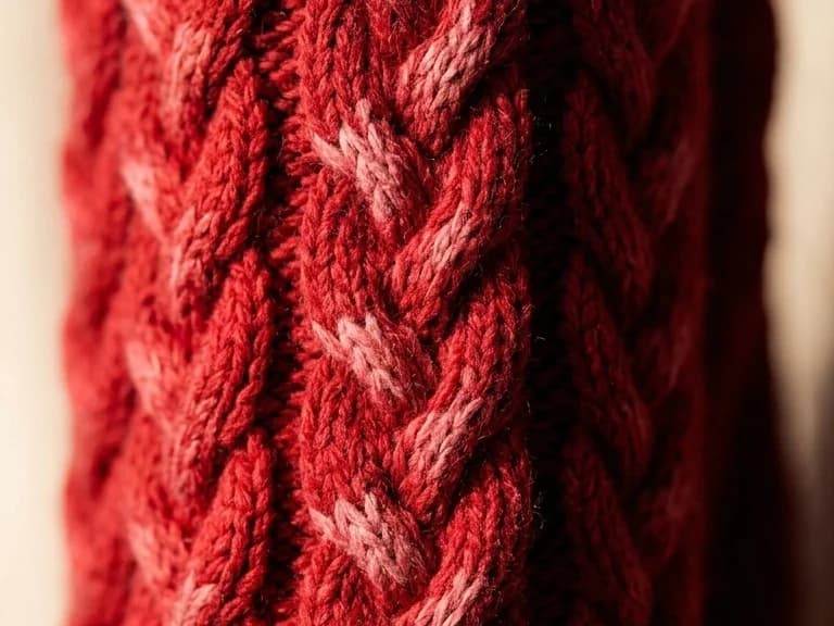 Extreme close-up of a scarlet cable knit, the rope cables running through the frame in raking side light